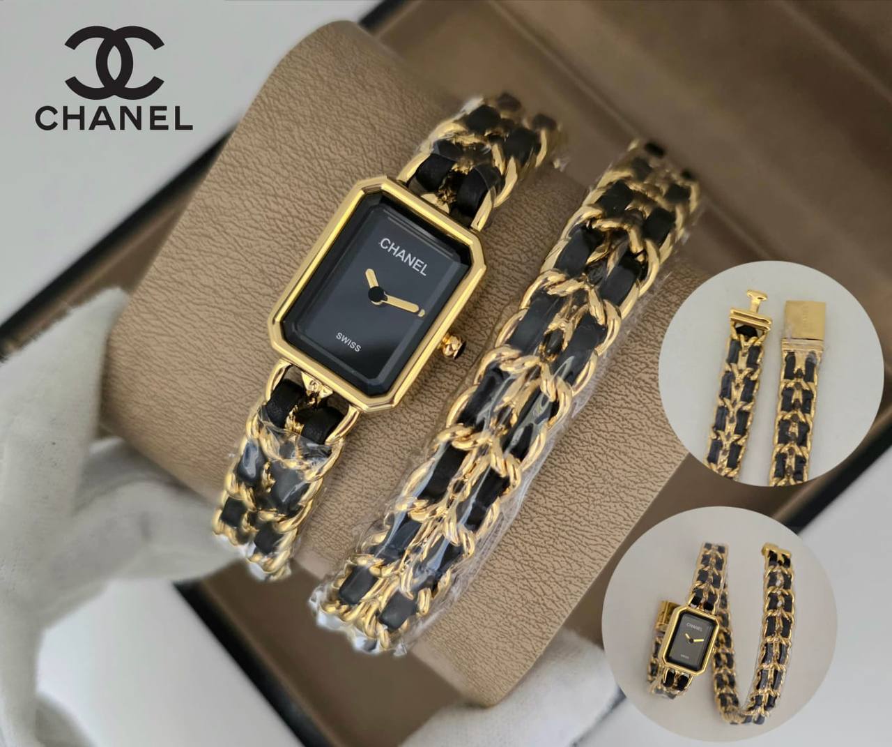 ساعة شانيل بريمير ذهبية وأسود بسلسلة